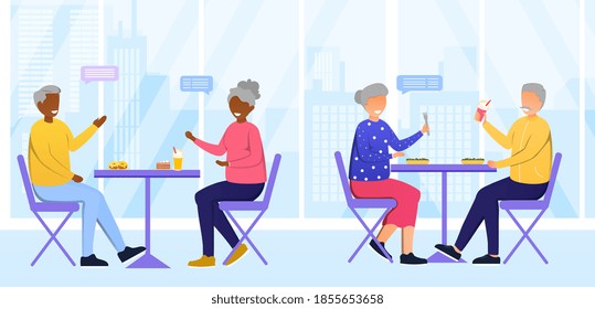 Cafetería en casa de ancianos o en casa para ancianos. Diversos ancianos multirraciales comiendo, bebiendo y hablando en un café. Restauración pública para amigos ancianos. Ilustración vectorial de dibujos animados planos