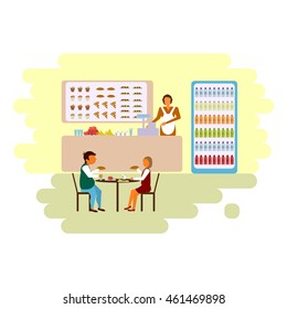 Cafeteria, people in canteen, people eating in the cafeteria. Catering restaurant, canteen freshly cooked warm meals service. Restaurant canteen stock vector flat design. Friends gossip in cafeteria