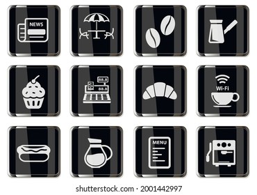Cafeteria pictograms in black chrome buttons. icon set for your design. vector icons