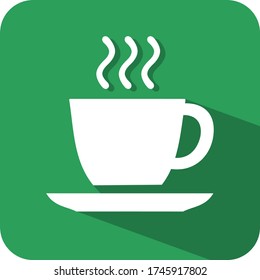 Cafeteria. Refreshments logo. Hot coffee. Tea cup with dish. Morning caffeine. Flat 3D shadow illustration. Green background white vector. Board banner display printable. App icon.
