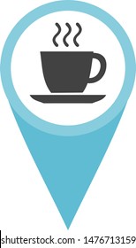 Cafeteria or restaurant. Map element. Pinpoint special locations. Show directions. Icon with pointed end. Tourism industry places. Navigation app.