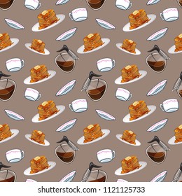 Cafeteria seamless pattern. Vector illustrated texture of breakfast elements. Coffee pot, cup and delicious pancakes with syrup and butter. 