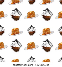 Cafeteria seamless pattern. Vector illustrated texture of breakfast elements. Coffee pot and delicious pancakes with syrup and butter. 