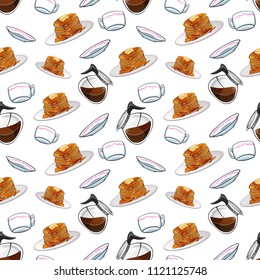 Cafeteria seamless pattern. Vector illustrated texture of breakfast elements. Coffee pot, cup and delicious pancakes with syrup and butter. 