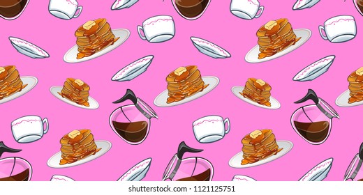 Cafeteria seamless pattern. Vector illustrated texture of breakfast elements. Coffee pot, cup and delicious pancakes with syrup and butter. 