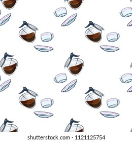 Cafeteria seamless pattern. Vector illustrated texture of breakfast elements. Coffee pot and cup.