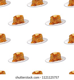 Cafeteria seamless pattern. Vector illustrated texture of breakfast elements. Delicious pancakes with syrup and butter on plate. 