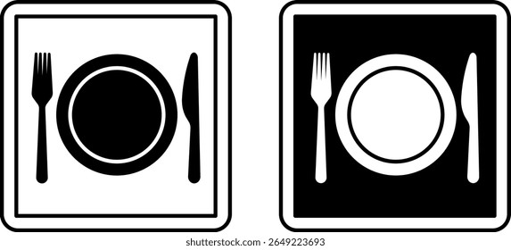Cafeteria Signs. Black and White Vector Illustrations. Catering Point in Hospital Building. Plate, Fork, and Knife. Road Sign or Sticker
