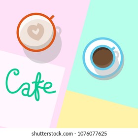 Cafeteria table top view. Typography with espresso and cappuccino in cups. Isolated line art illustration.