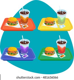 Cafeteria Tray With Drink And Burger. Set With Different Tray Colors.