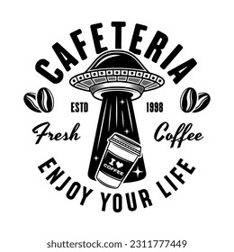 Emblema vectorial de la cafetería, logotipo, placa o etiqueta con ufo robando taza de papel de café en estilo monocromo vintage aislado en blanco