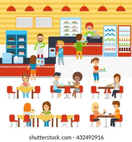 Cafeteria vector, people in canteen, people eating in the cafeteria. Catering restaurant and canteen freshly cooked warm meals service. Restaurant canteen infographic elements stock vector flat design