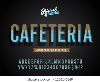 "Cafeteria" Vintage 3D Condensed Alphabet. Vibrant Old School Retro Typography. Vector Illustration.