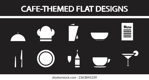 Cafe-themed flat designs white colour, black background vector art