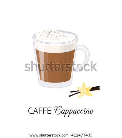 Caffe cappuccino with vanilla flower isolated on white background. Coffee drink in cartoon style. Perfect for posters and menu. Vector illustration.