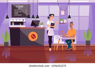 Caffe concept with people scene in the background cartoon style. Waiter takes an order from a regular customer. Vector illustration.