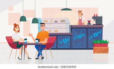 Caffe concept with people scene in the background cartoon style. Man invited the girl on a date in a caffe. Vector illustration.