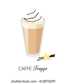 Caffe glace and vanilla flower isolated on white background. Coffee drink with whipped cream in cartoon style. Perfect for posters, menu. Vector illustration.