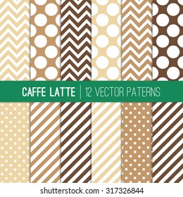 Caffe Latte Polka Dots, Chevron and Stripes Patterns in Coffee Brown, Moka Brown, Cream and White Colors. Modern Geometric Backgrounds. Vector EPS File Pattern Swatches made with Global Colors.