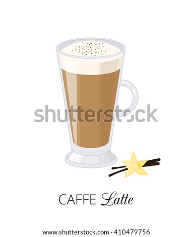 Caffe latte with vanilla flower and foam isolated on white background. Perfect for posters, menu. Vector illustration in cartoon style.