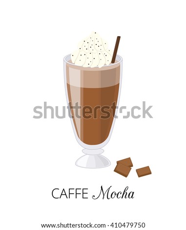 Caffe mocha with chocolate and whipped cream isolated on white background. Perfect for posters, menu. Vector illustration in cartoon style.