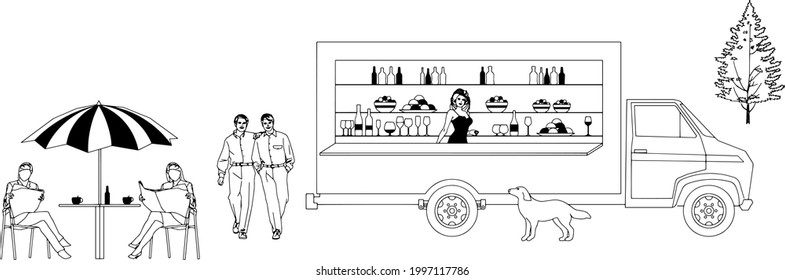 
Caffe on wheels, van. People are eating under umbrella.
