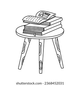 Caffee table with books. Vector doodle hand drawn illustration black outline.