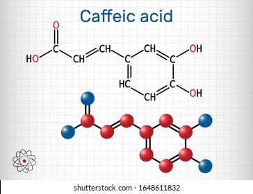 Caffeic acid, C9H8O4 molecule. It is hydroxycinnamic acid with antioxidant, anti-inflammatory, antineoplastic activities, is a key intermediate in the biosynthesis of lignin. Sheet of paper in a cage