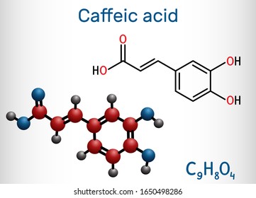 Caffeic acid, C9H8O4 molecule. It is hydroxycinnamic acid with antioxidant, anti-inflammatory, antineoplastic activities, is a key intermediate in biosynthesis of lignin. 