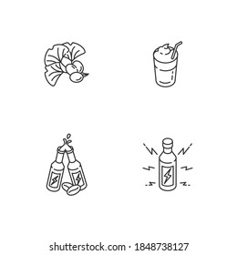 Caffeinated drinks linear icons set. Ginkgo biloba ingredient. Coffee mug. Energy alcoholic drink. Customizable thin line contour symbols. Isolated vector outline illustrations. Editable stroke