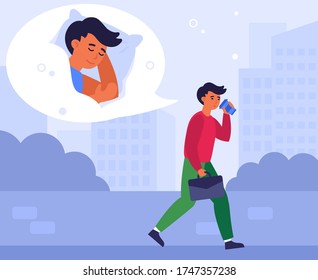 Caffeine addict, insomnia, sleeping man, office work exhaustion concept. Sleepy employee walking outdoors, drinking coffee. Sad tired exhausted businessman feeling burnout. Flat vector illustration