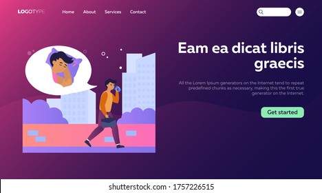 Caffeine addict, insomnia, sleeping man, office work exhaustion concept. Sleepy employee walking outdoors, drinking coffee. Sad tired exhausted businessman feeling burnout. Flat vector illustration