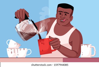 Caffeine addicted man flat vector illustration. Male coffeeholic. Energy drinks physical dependence. African american boy in casual clothes pouring cup of coffee cartoon character