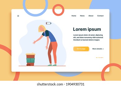 Caffeine addicted person. Tired woman reaching hands to takeaway coffee cup flat vector illustration. Low energy level, coffee break concept for banner, website design or landing web page