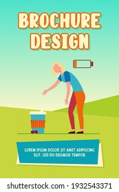Caffeine addicted person. Tired woman reaching hands to takeaway coffee cup flat vector illustration. Low energy level, coffee break concept for banner, website design or landing web page
