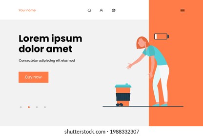 Caffeine addicted person. Tired woman reaching hands to takeaway coffee cup flat vector illustration. Low energy level, coffee break concept for banner, website design or landing web page