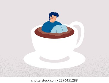 adicción a la cafeína. El hombre se sienta en una taza de café y duerme. Un hombre cansado se ahoga en una taza de té. Concepto de hábitos alimentarios poco saludables. Ilustración del vector