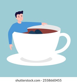 Caffeine addiction. Man sits in a cup of coffee. Tired male drowns in a mug of coffee.