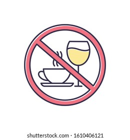 Caffeine and alcohol refusal color icon. Deny wine and coffee. No unhealthy habits. Stop sign with beverages. Anxiety and insomnia prevention. Self-efficacy. Isolated vector illustration