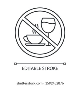 Caffeine and alcohol refusal linear icon. Deny wine and coffee. No unhealthy habits. Stop sign with beverages. Thin line illustration. Contour symbol. Vector isolated outline drawing. Editable stroke