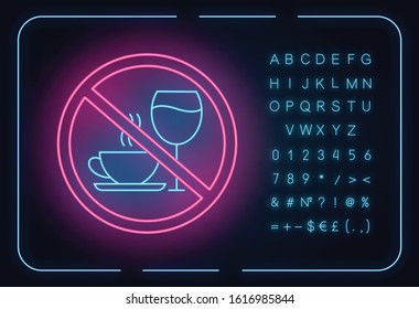 Caffeine and alcohol refusal neon light icon. Deny wine and coffee. No unhealthy habits. Stop sign with beverages. Glowing sign with alphabet, numbers and symbols. Vector isolated illustration
