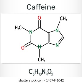 Caffeine alkaloid molecule. Structural chemical formula and molecule model. Vector illustration