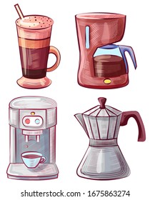 Caffeine beverage served in glass with straw vector, isolated machine for making coffee. Coffeemaker and moka pot italian devise for drink brewing