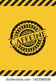 Caffeine black grunge emblem inside yellow warning sign. Vector Illustration. Detailed.