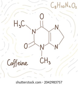 Koffein-chemische Hormonformel. Handgezeichnete doodle-Illustration. Vektorsymbol für Biologie, Chemie, Naturheilkunde, Medizin. Einzeln auf weißem Hintergrund.