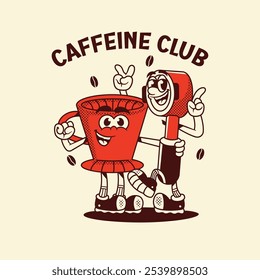 Coffein club niedlich Retro Cartoon Vektor handgezeichnet niedlich Retro Cartoon Vektor handgezeichnet