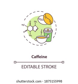 Koffein-Konzept-Symbol. Hochwertige Coffein Energy Drinks Idee dünne Linie Illustration. Kaffeetasse. Natürliches Stimulans. Kaffeebohnen. Vektorgrafik einzeln Umriss RGB Farbzeichnung. Bearbeitbarer Hub