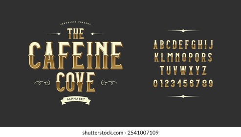 The Caffeine Cove: A display typeface collection with a vintage-modern feel. Golden, stylish, and timeless typography for elegant projects. Vector illustration.