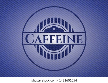 Caffeine emblem with denim high quality background. Vector Illustration. Detailed.