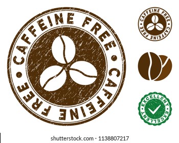 Caffeine Free brown stamp. Vector seal print imitation with grunge style and coffee color. Round vector rubber seal stamp with grunge design of Caffeine Free label. Bonus excellent mark.